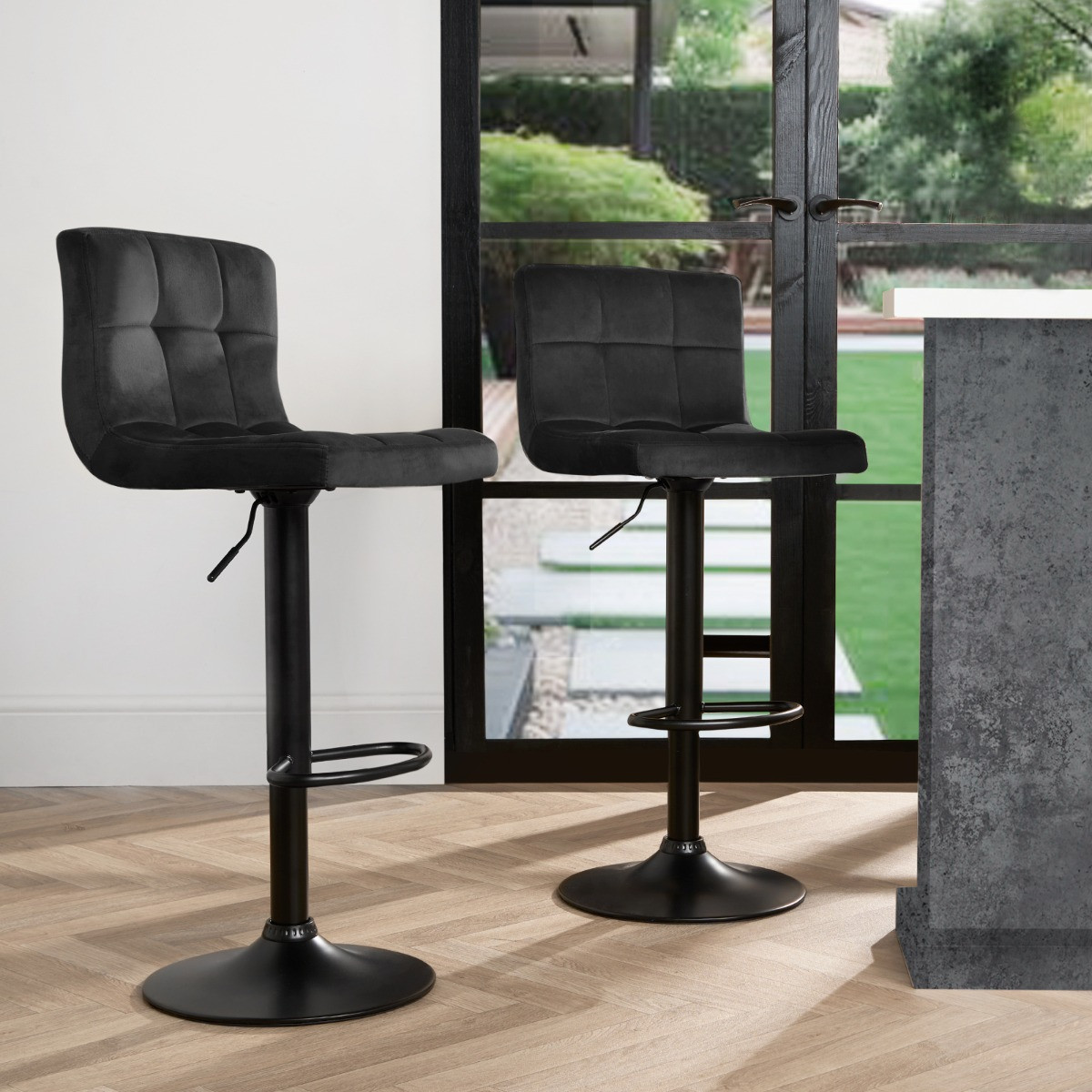 OHS Set of 2 Adjustable Velvet Bar Stools - Black >