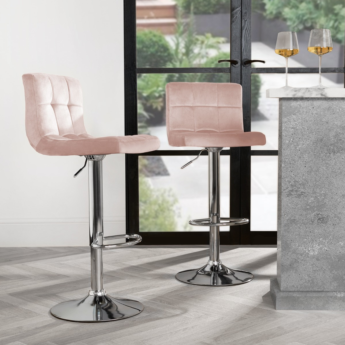 OHS Set of 2 Adjustable Velvet Bar Stools - Blush>