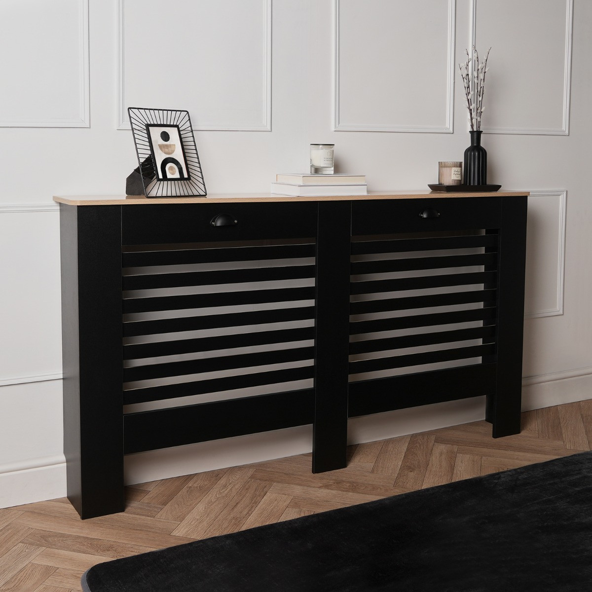 OHS Wooden Radiator Cover with Oak Look Top - Black>