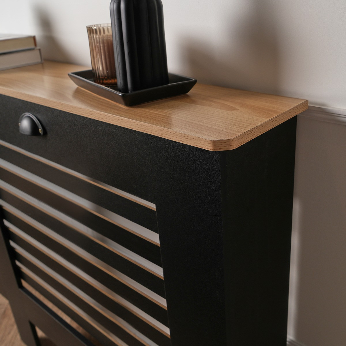 OHS Wooden Radiator Cover with Oak Look Top - Black>