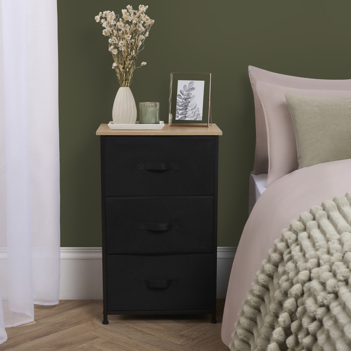 OHS Brooklyn 3 Drawer Fabric Cabinet - Black>