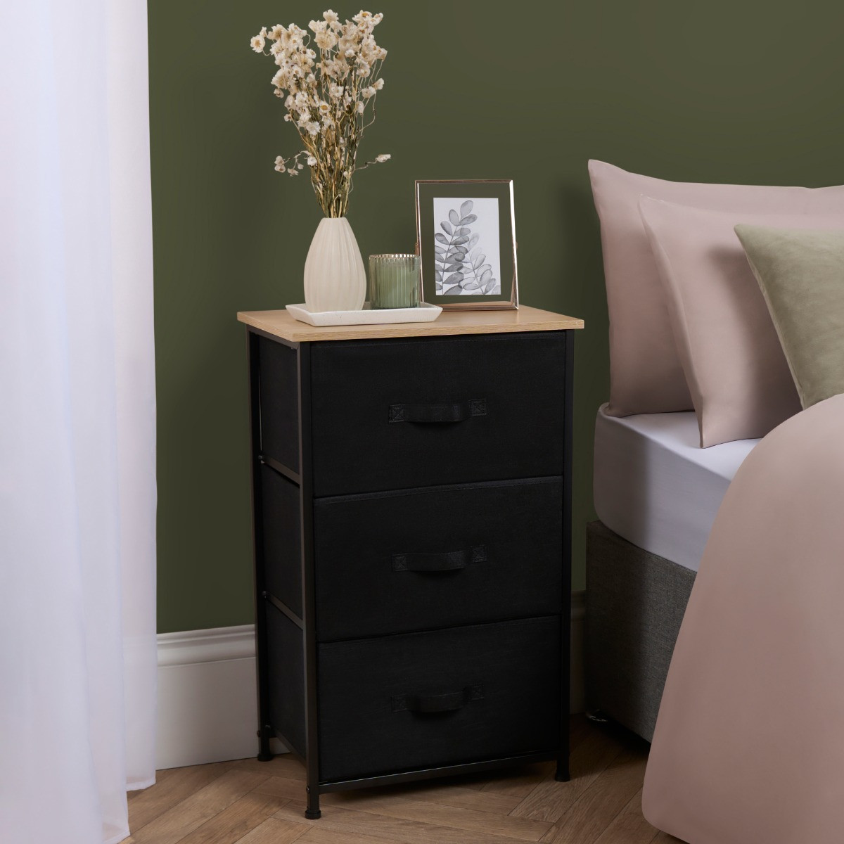 OHS Brooklyn 3 Drawer Fabric Cabinet - Black>