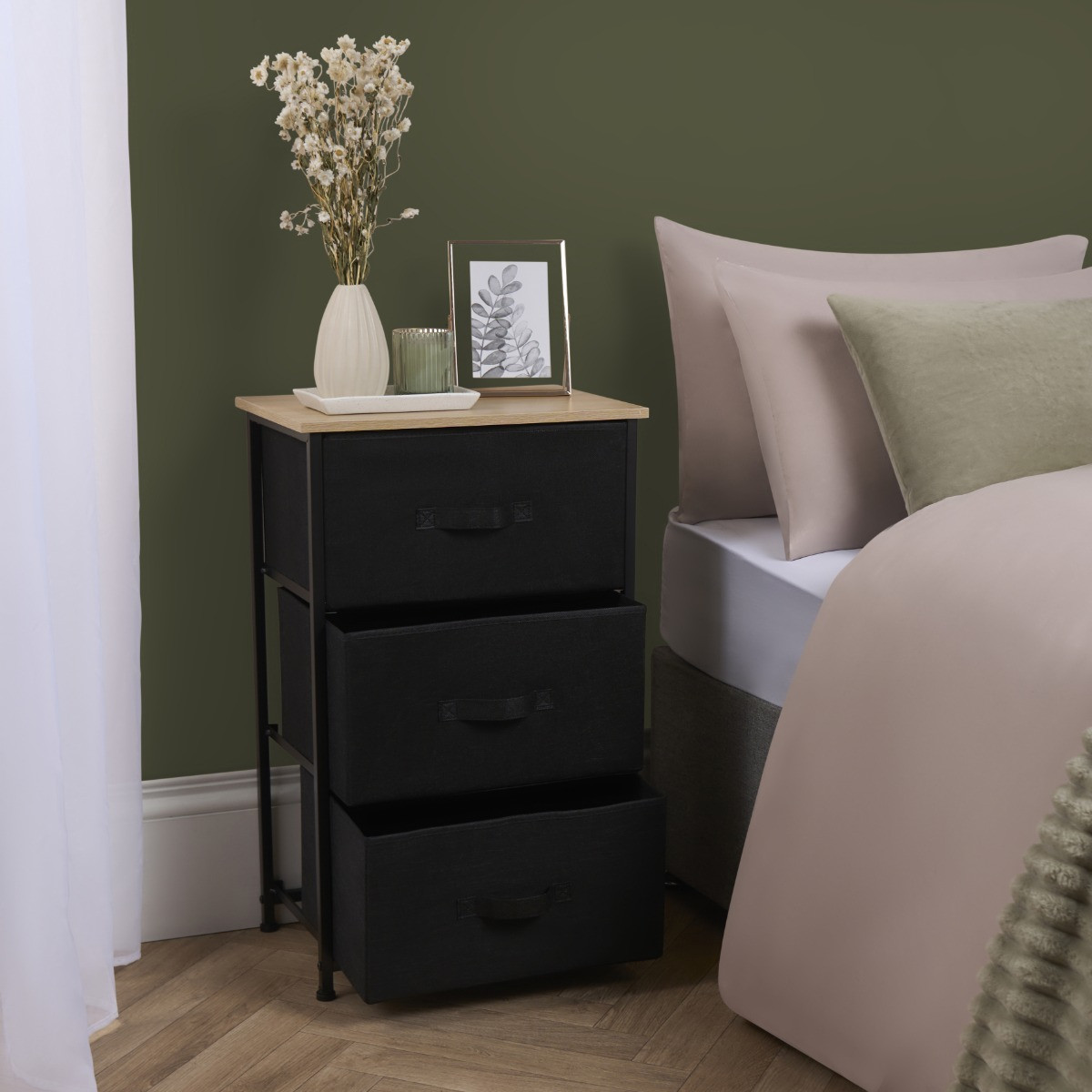 OHS Brooklyn 3 Drawer Fabric Cabinet - Black>
