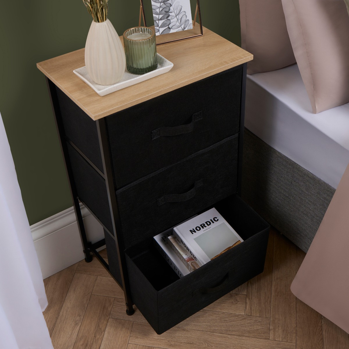 OHS Brooklyn 3 Drawer Fabric Cabinet - Black>