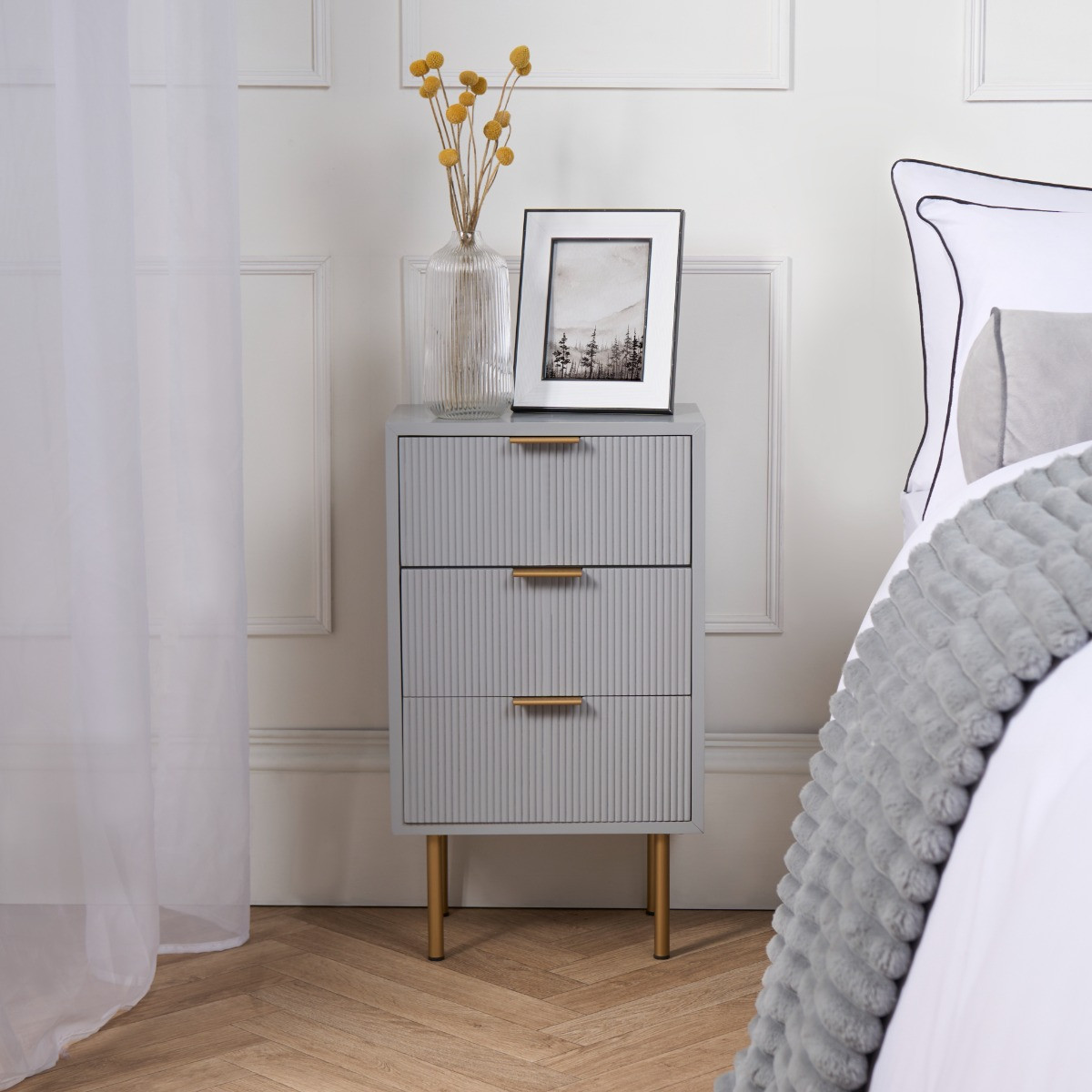 OHS Ribbed 3 Drawer Wood Bedside Table - Grey>