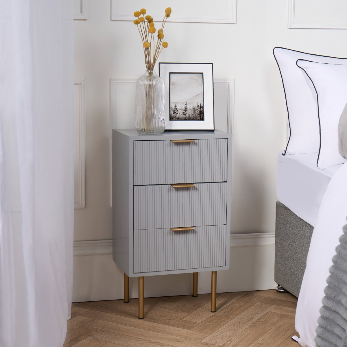 OHS Ribbed 3 Drawer Wood Bedside Table - Grey>