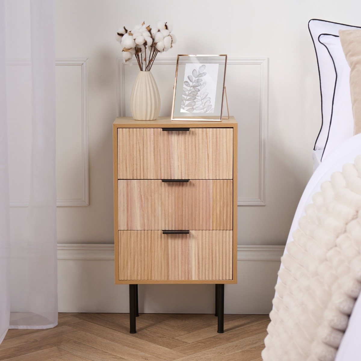 OHS Ribbed 3 Drawer Wood Bedside Table - Natural>