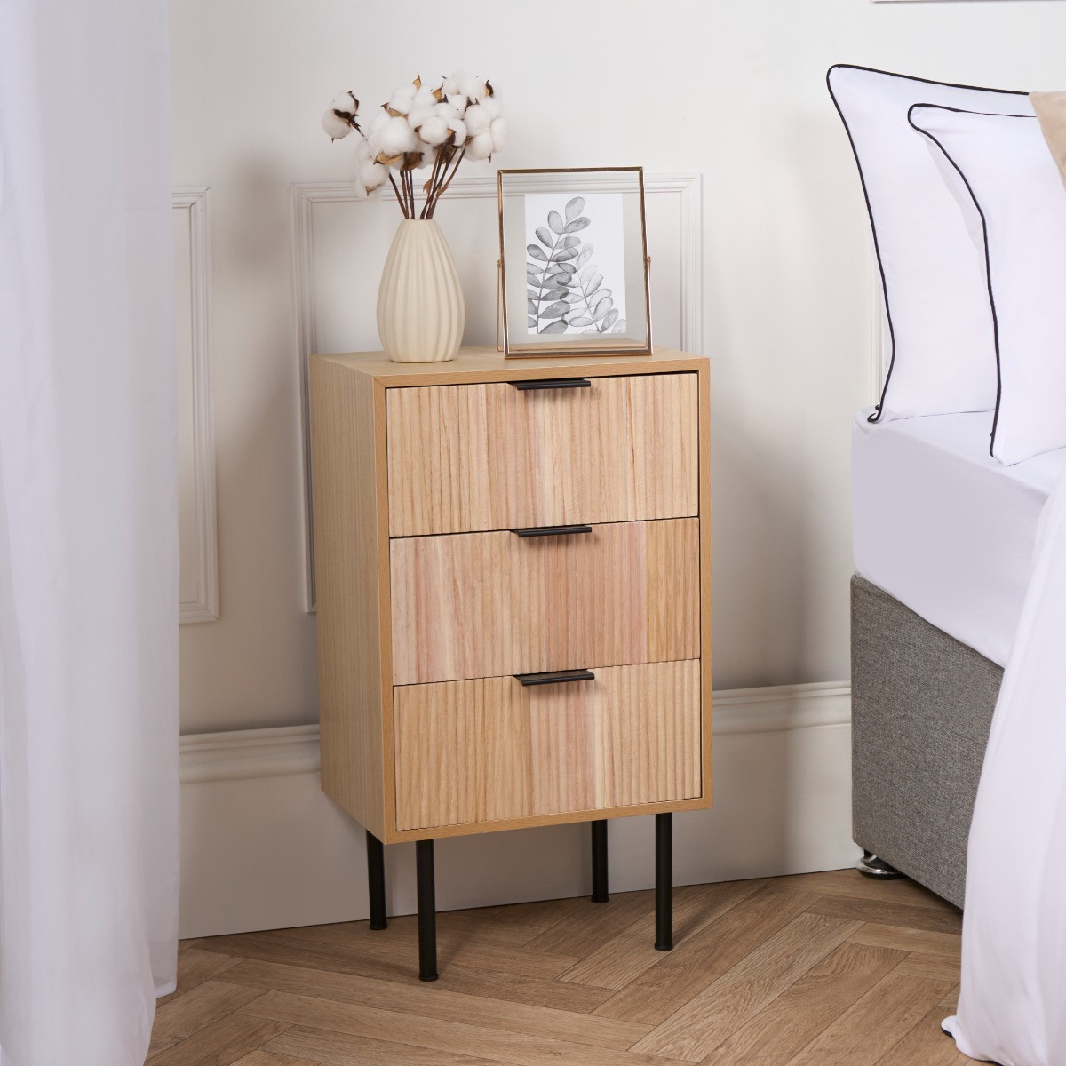 OHS Ribbed 3 Drawer Wood Bedside Table - Natural>