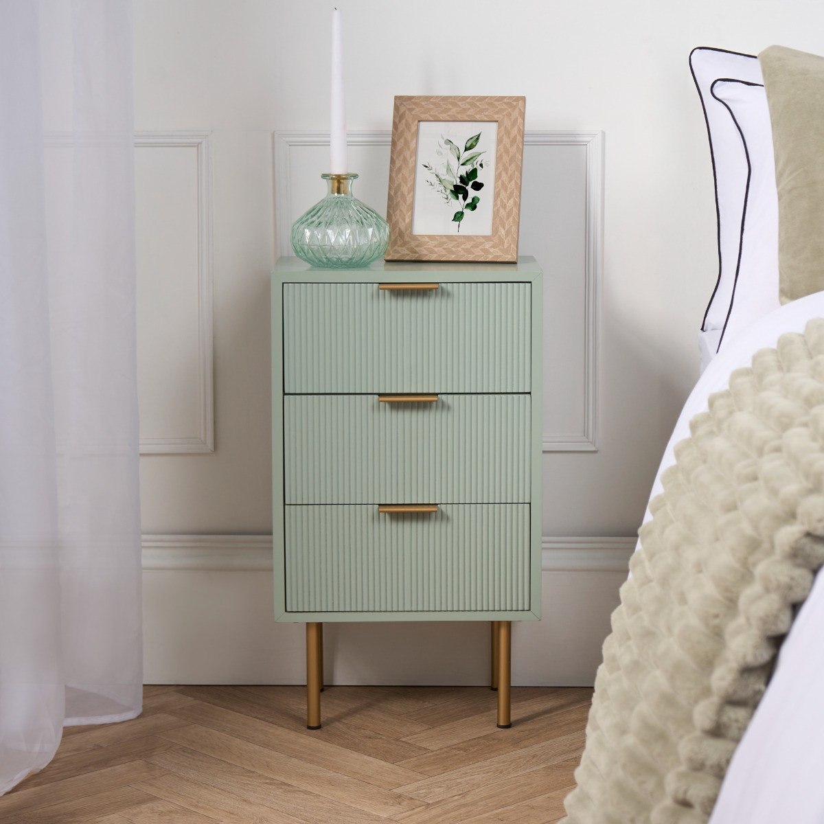 OHS Ribbed 3 Drawer Wood Bedside Table - Sage Green>