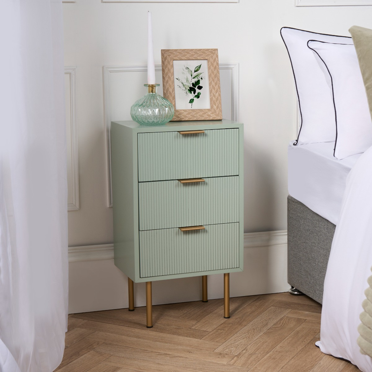 OHS Ribbed 3 Drawer Wood Bedside Table - Sage Green>