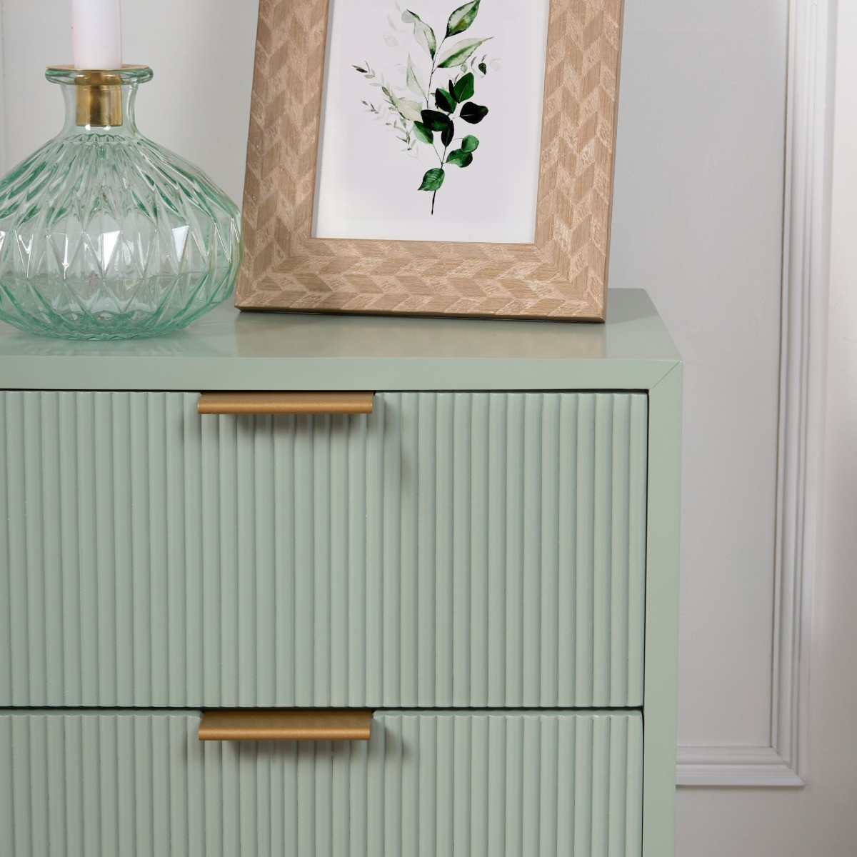 OHS Ribbed 3 Drawer Wood Bedside Table - Sage Green>