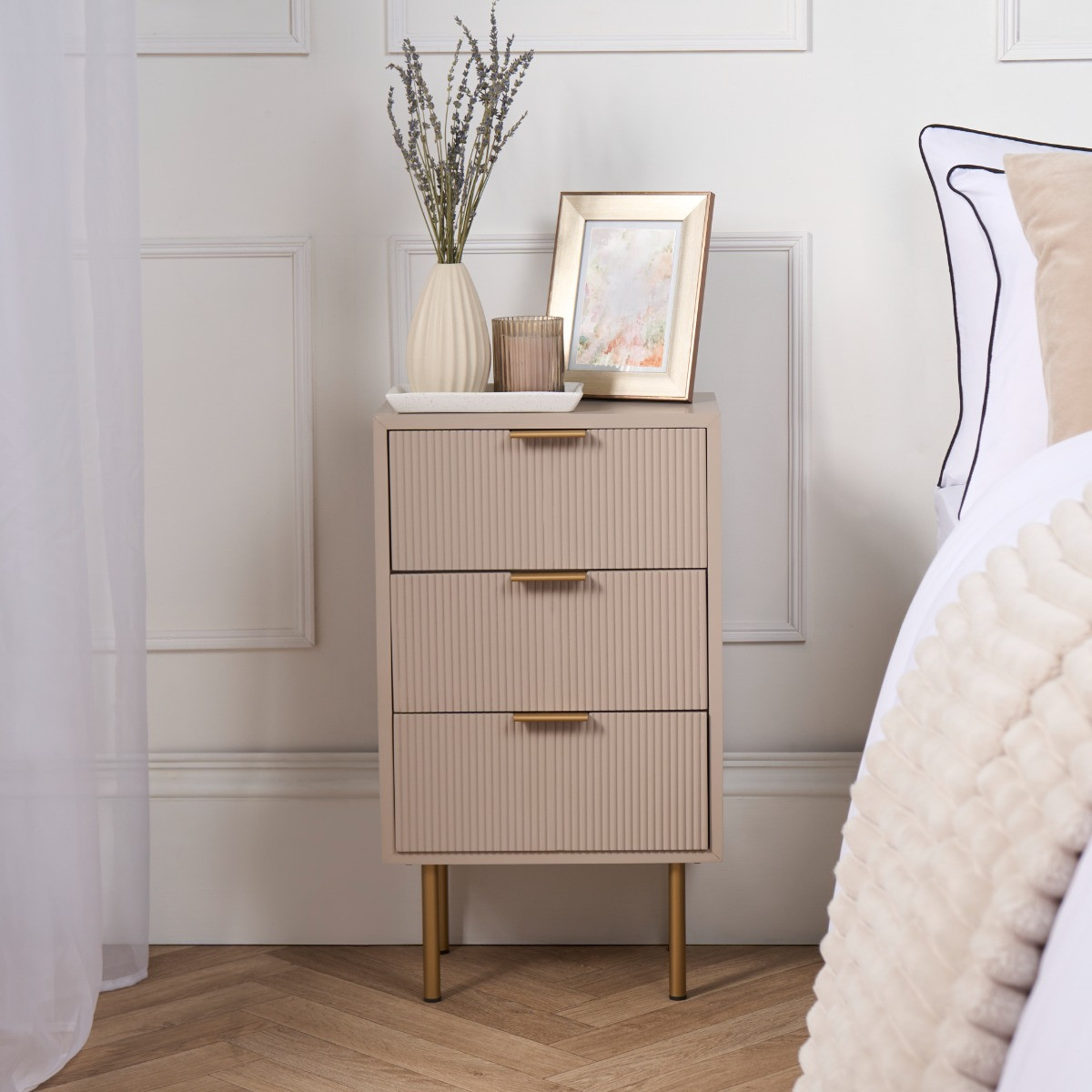 OHS Ribbed 3 Drawer Wood Bedside Table - Taupe>