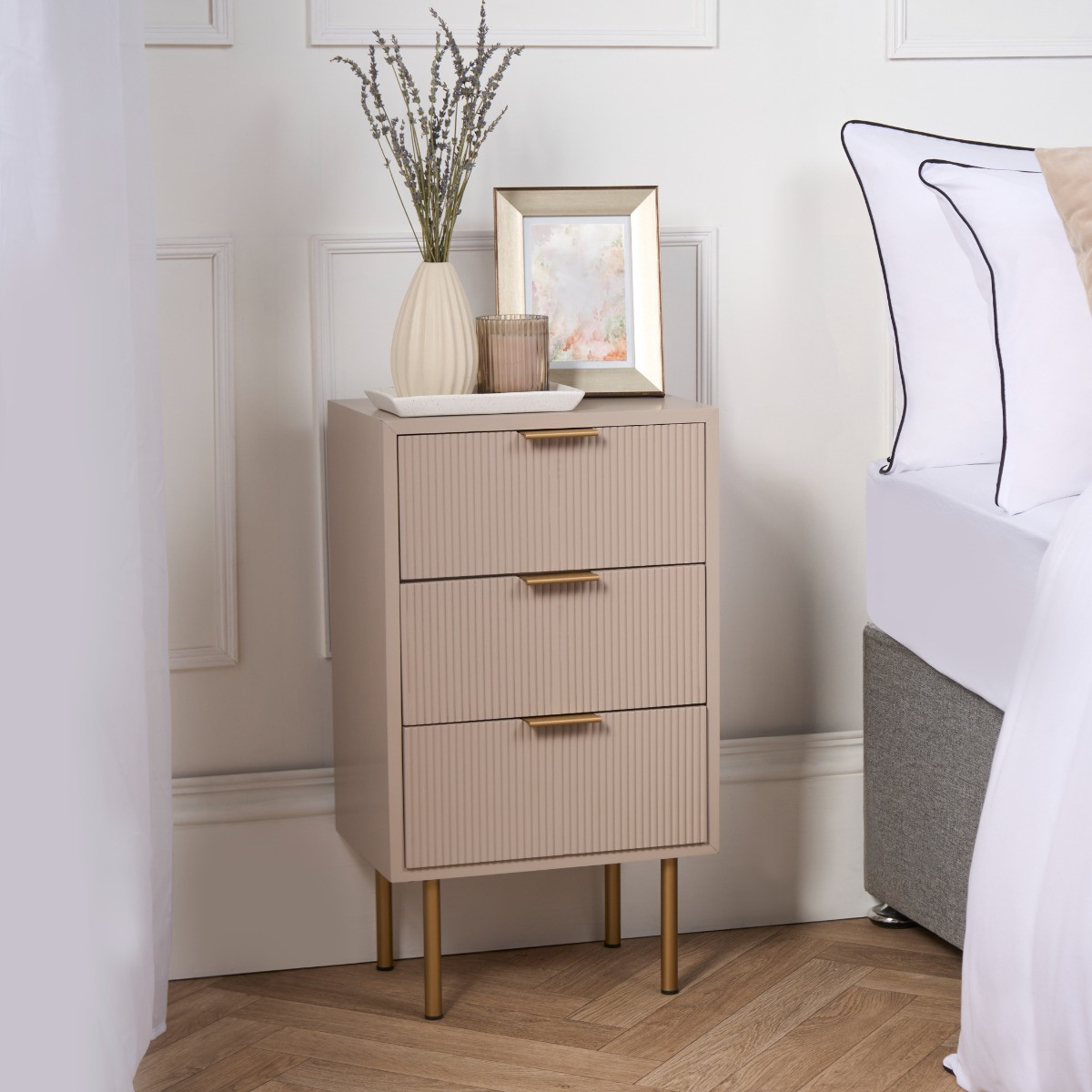 OHS Ribbed 3 Drawer Wood Bedside Table - Taupe>