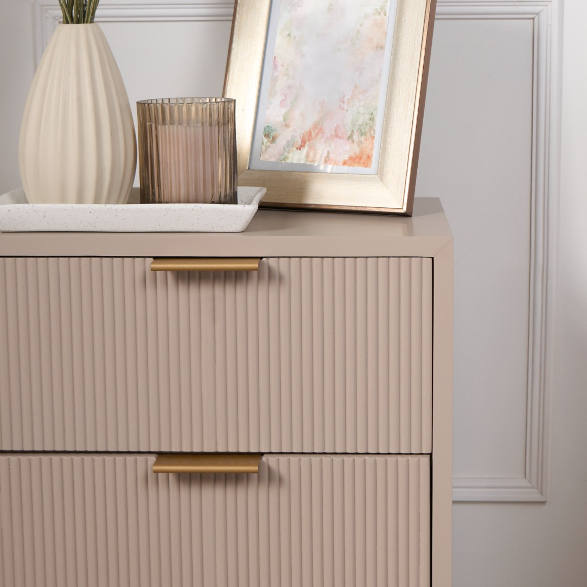 OHS Ribbed 3 Drawer Wood Bedside Table - Taupe>