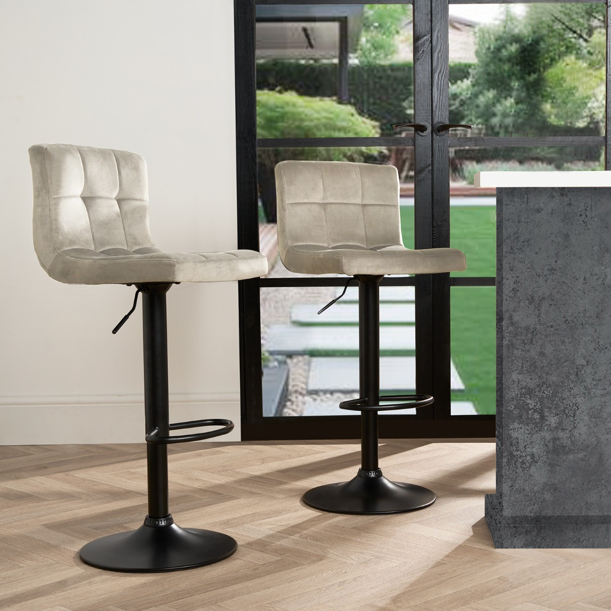 OHS Set of 2 Adjustable Velvet Bar Stools - Stone>