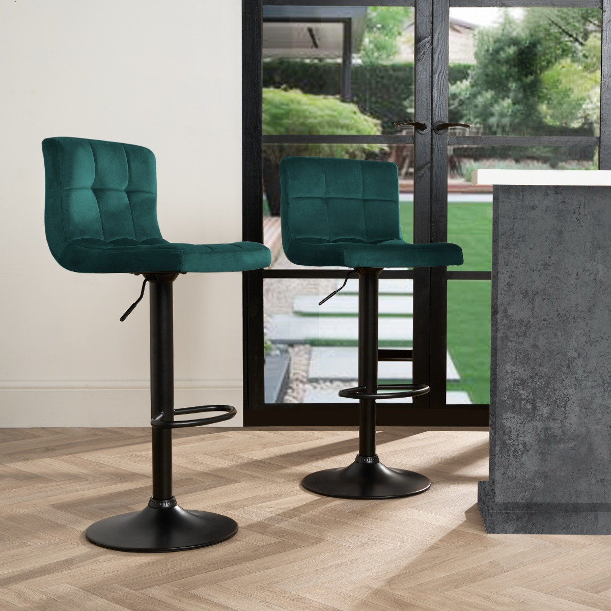 OHS Set of 2 Adjustable Velvet Bar Stools - Teal>