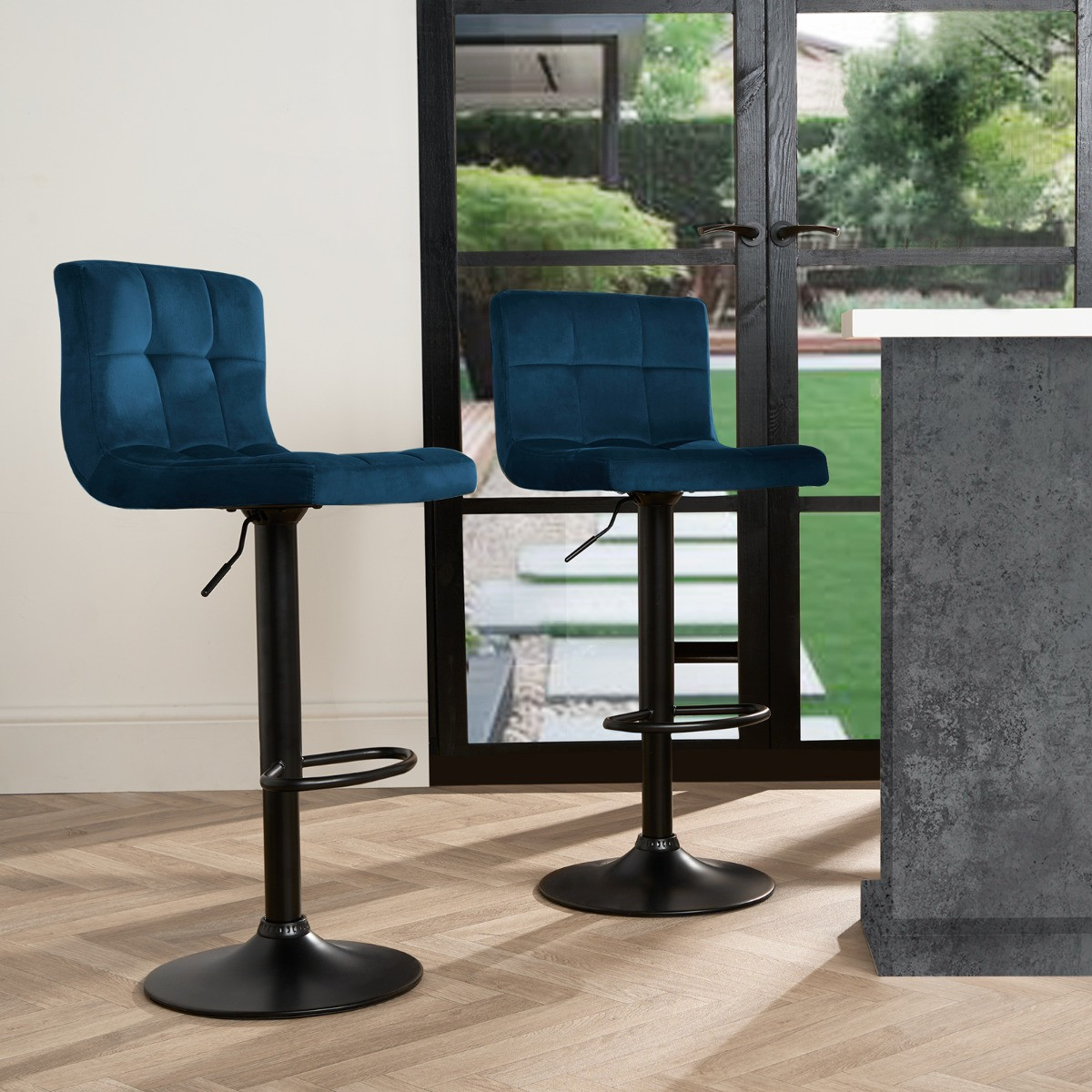 OHS Set of 2 Adjustable Velvet Bar Stools - Navy>