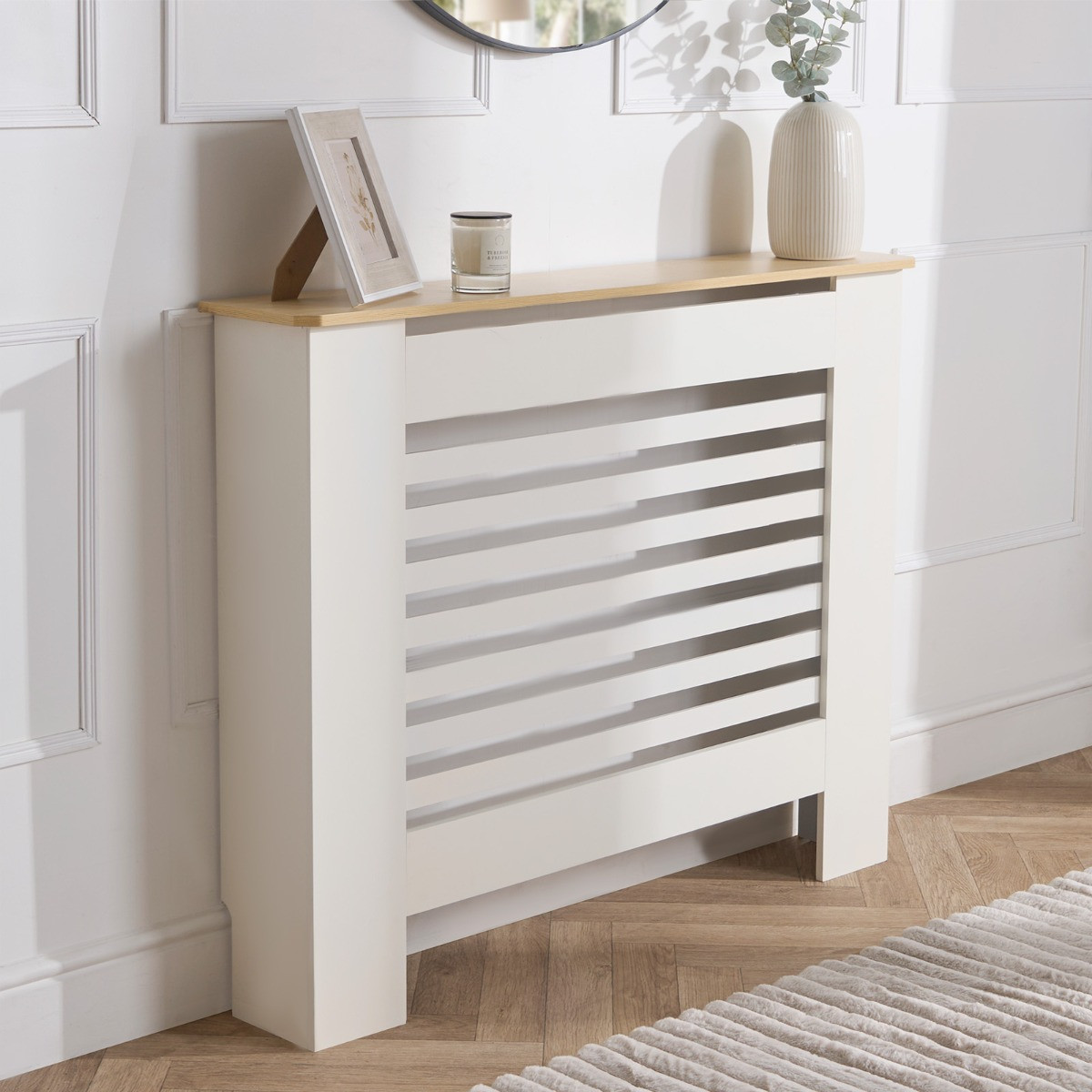 OHS Wooden Radiator Cover with Oak Look Top - Cream>