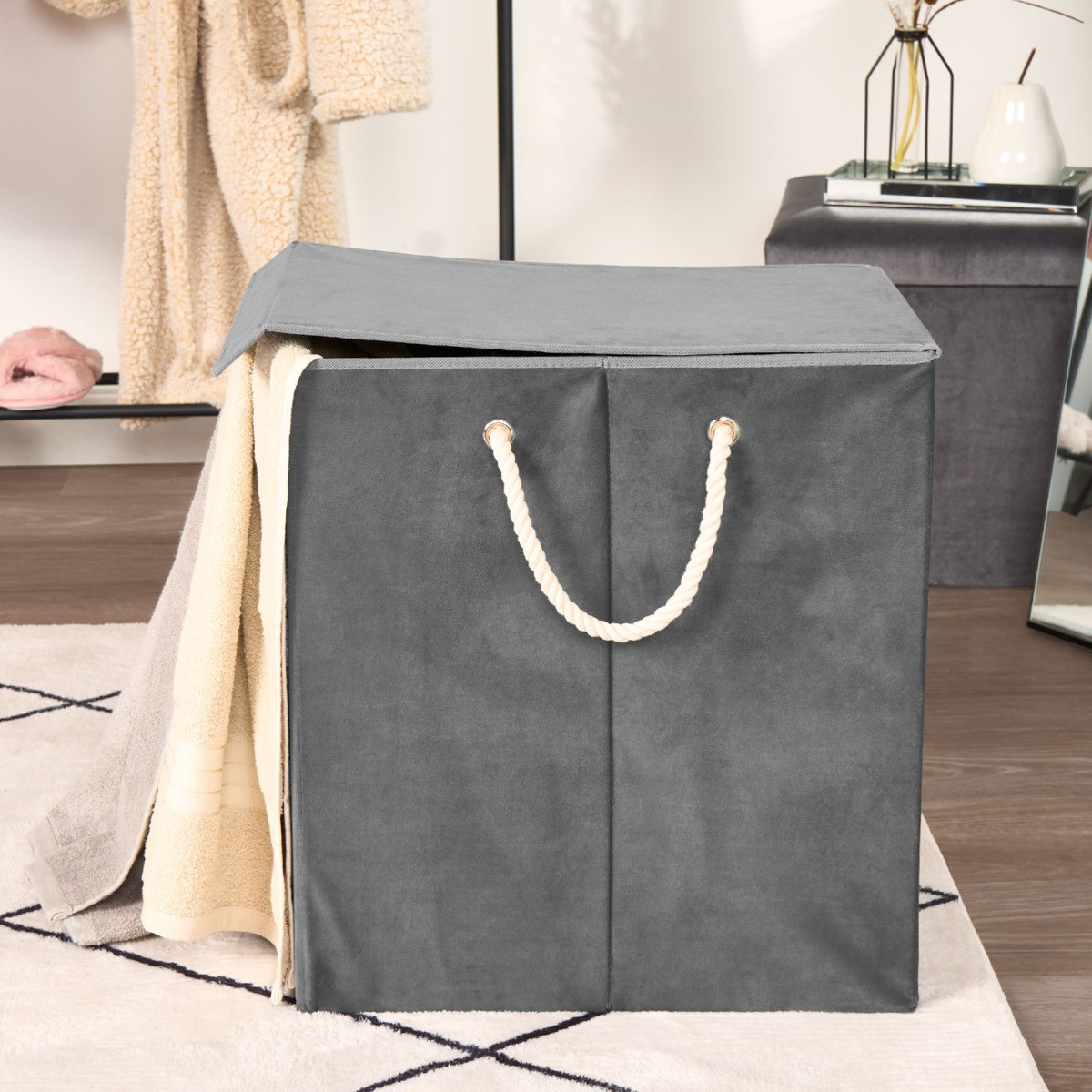 OHS Matte Velvet Foldable Laundry Basket - Charcoal>