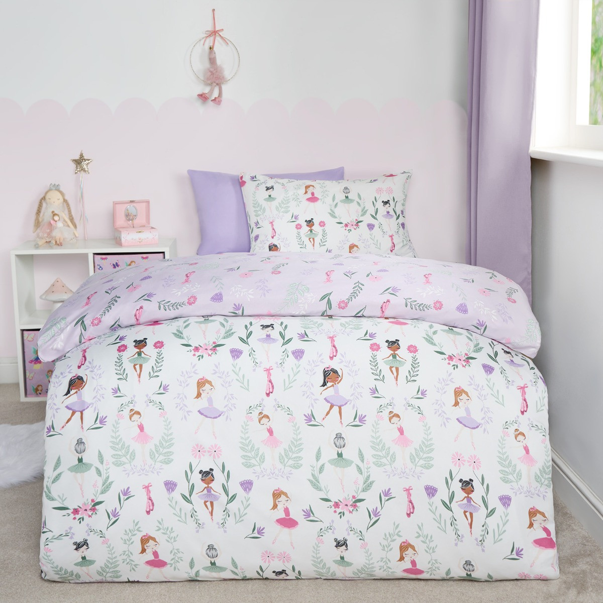 OHS Kids Ballerina Print Reversible Duvet Cover Set, Lilac/White - Junior>