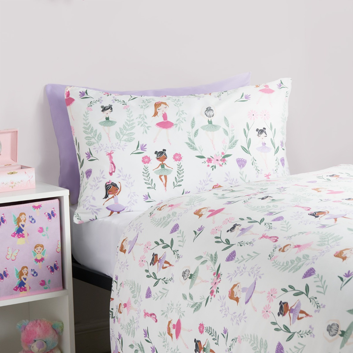 OHS Kids Ballerina Print Reversible Duvet Cover Set, Lilac/White - Junior>