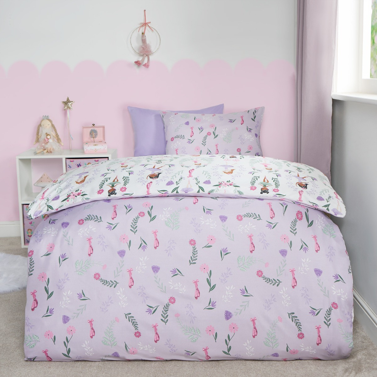 OHS Kids Ballerina Print Reversible Duvet Cover Set, Lilac/White - Junior>