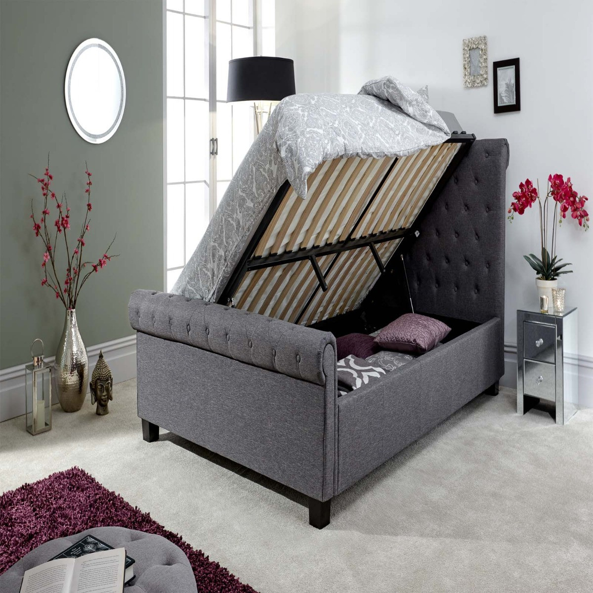 Layla Ottoman Storage Bed, 4ft 6 Double - Charcoal Grey>