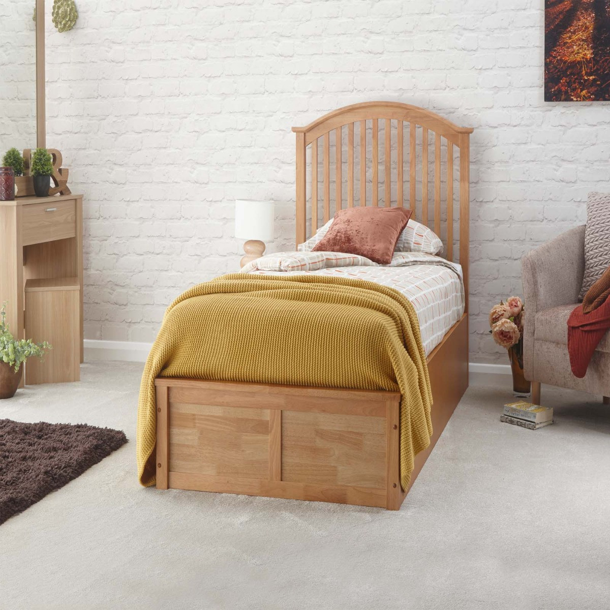 Madrid Wooden Ottoman Storage Bed, 3ft Single - Oak>