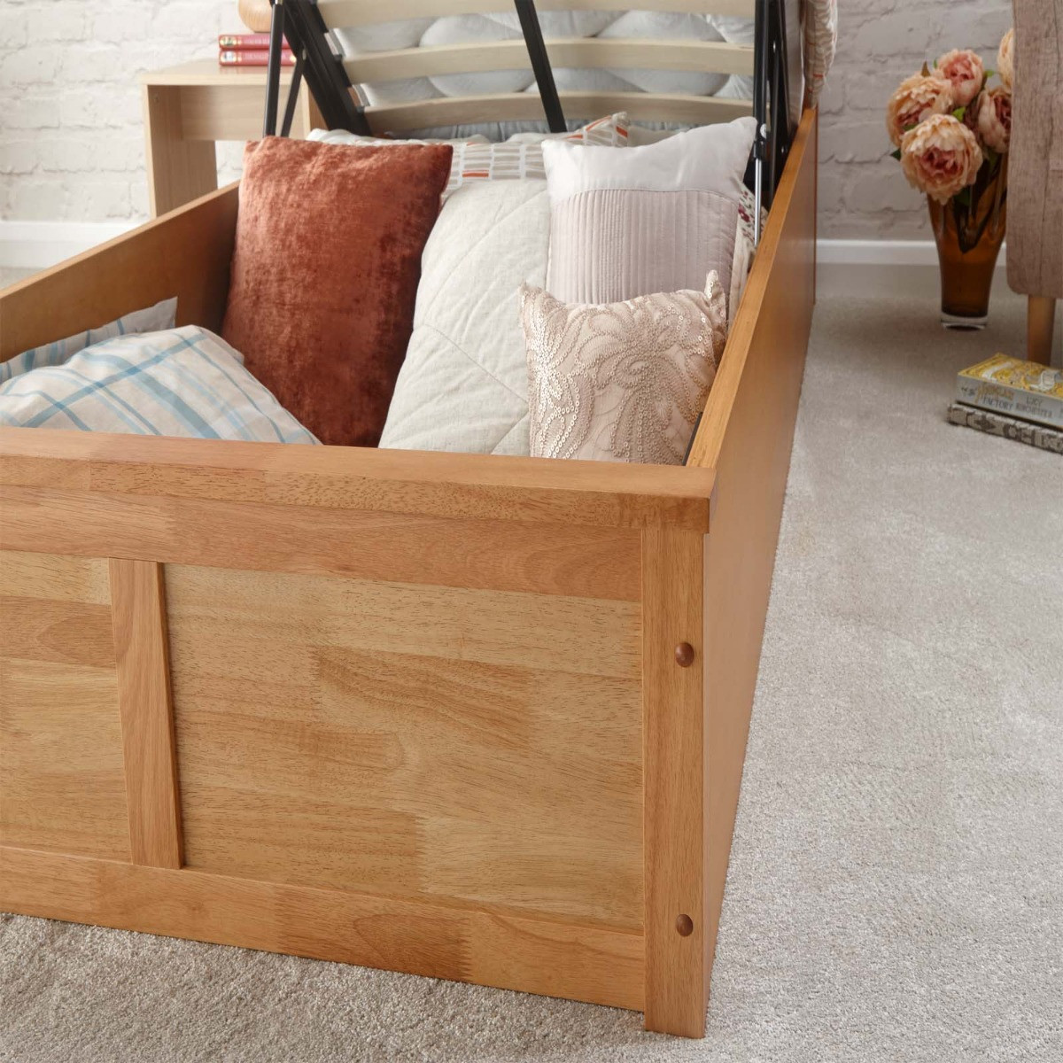 Madrid Wooden Ottoman Storage Bed, 3ft Single - Oak>