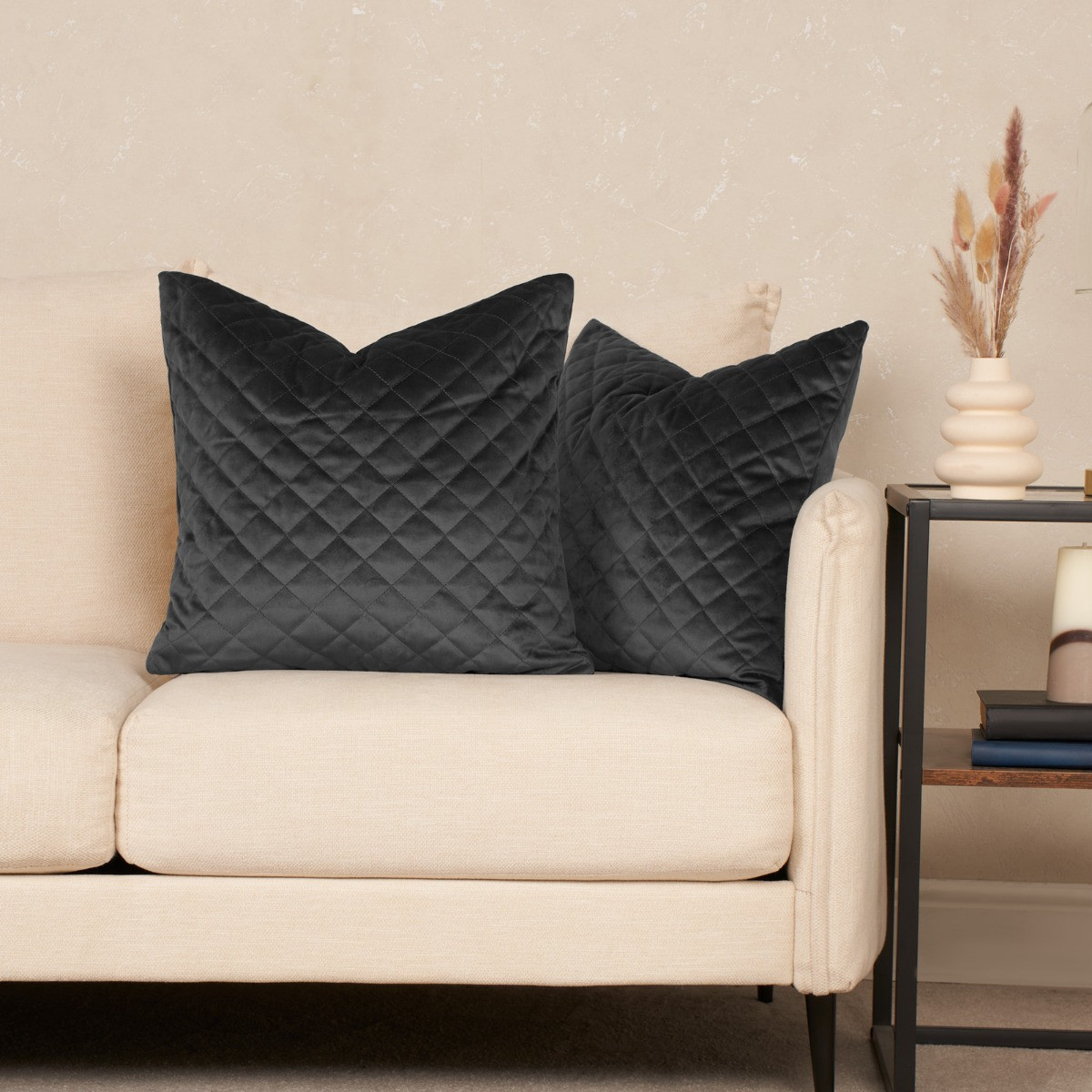 OHS 2 Pack Quilted Matte Velvet Cushion Covers, Charcoal - 45 x 45cm>