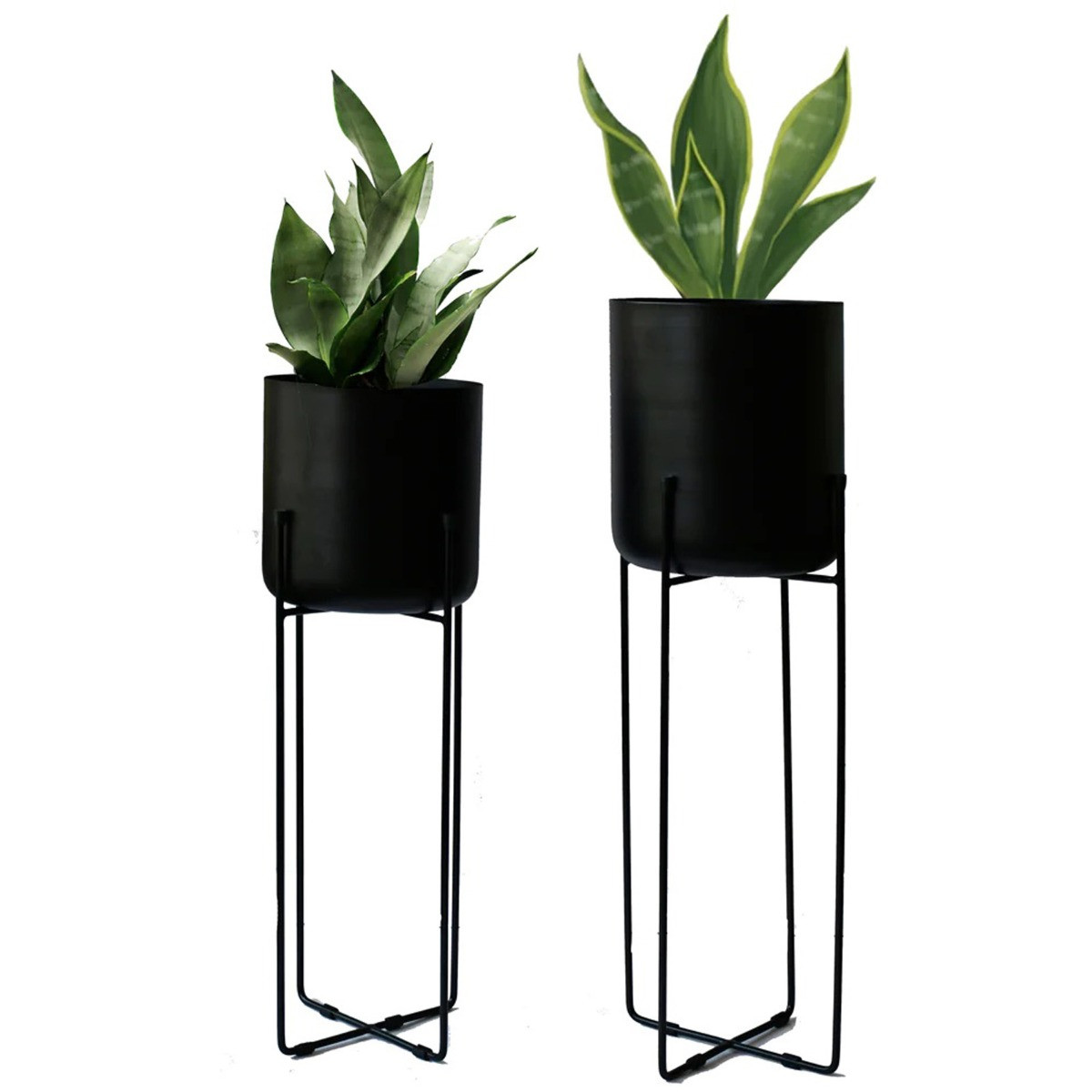 Green Decore Set Of 2 Metal Planter With Stands - Black>