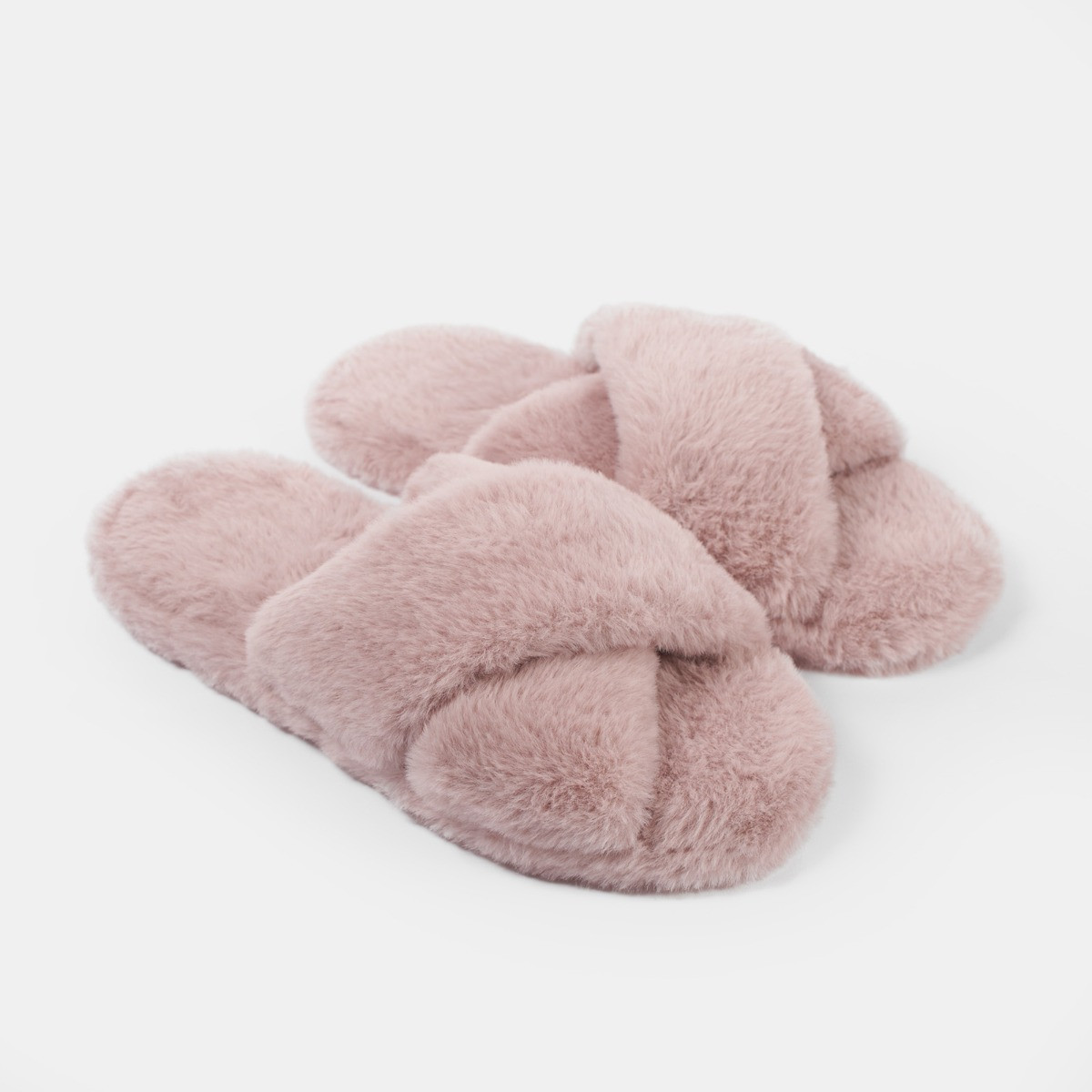 OHS Faux Fur Platform Cross Strap Slippers - Blush