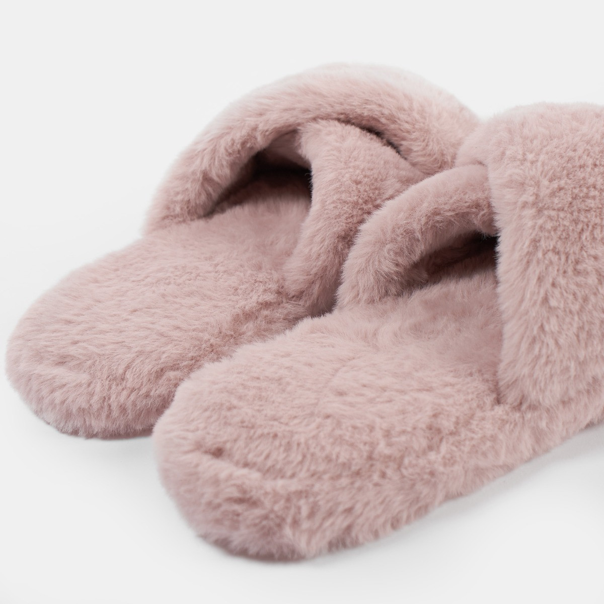 OHS Faux Fur Platform Cross Strap Slippers - Blush>