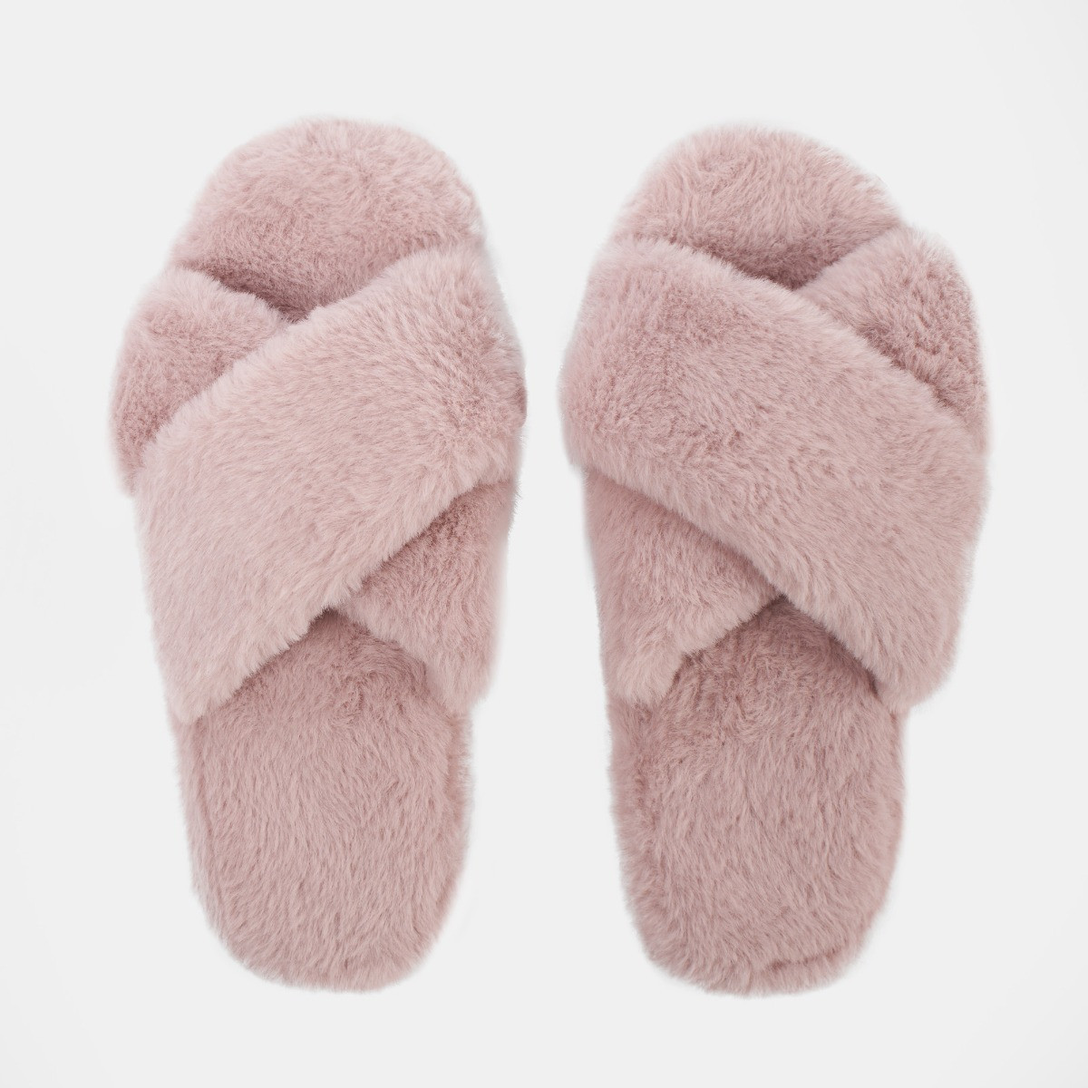 OHS Faux Fur Platform Cross Strap Slippers - Blush