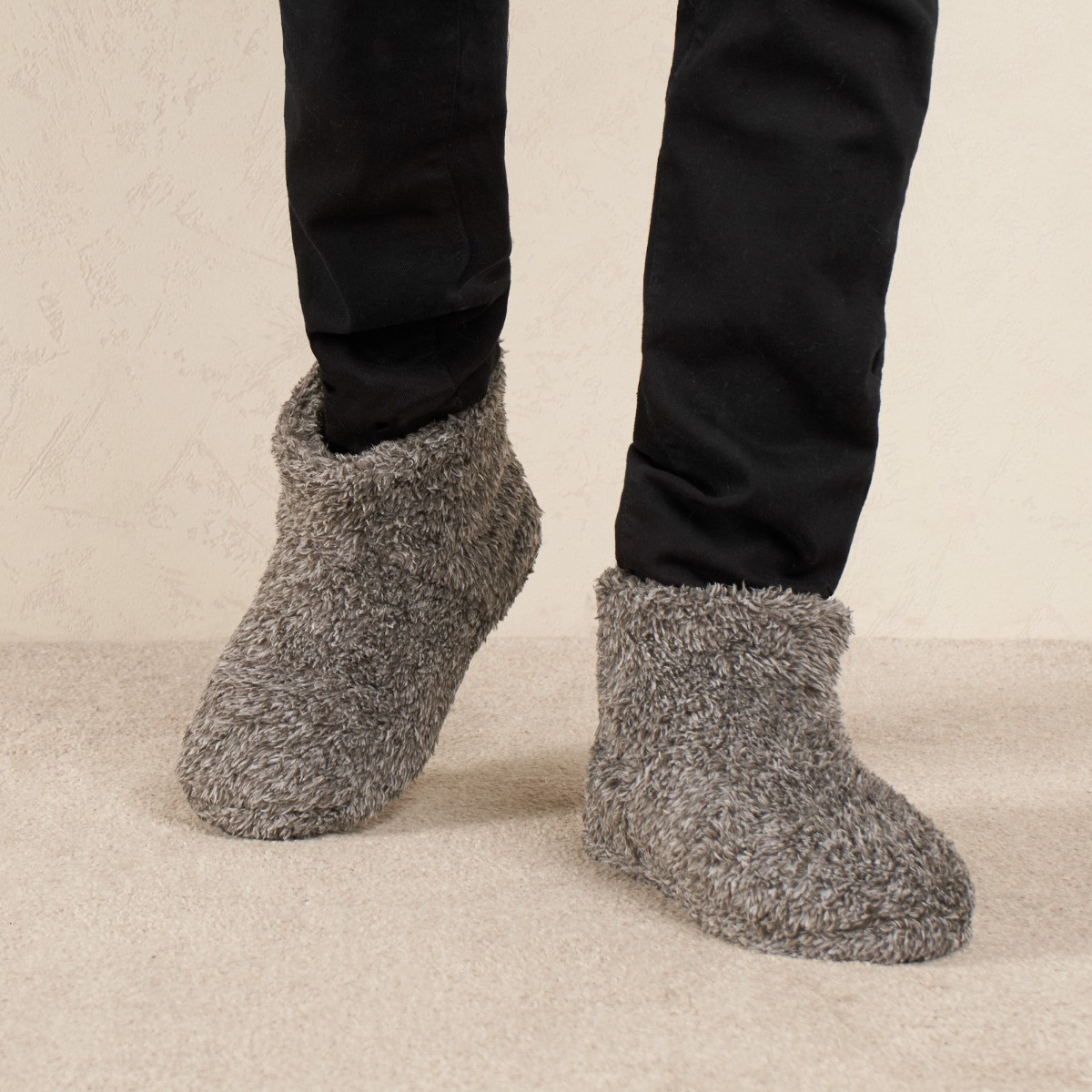 OHS Mens Teddy Marl Boot Slippers - Charcoal