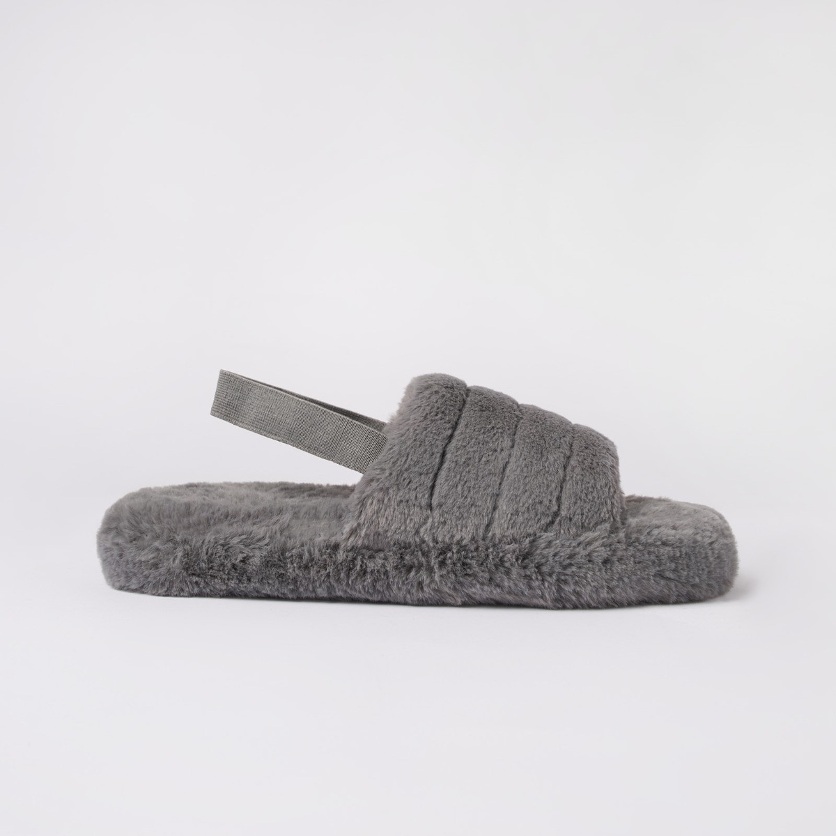 OHS Faux Fur Strap Back Platform Slippers Charcoal Small