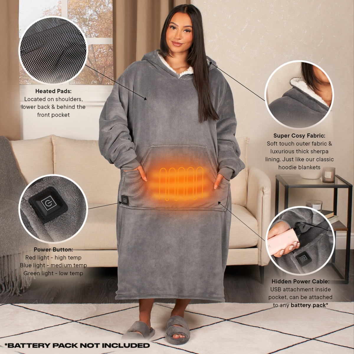 OHS Adults Extra Long Electric Heated Hoodie Blanket Charcoal