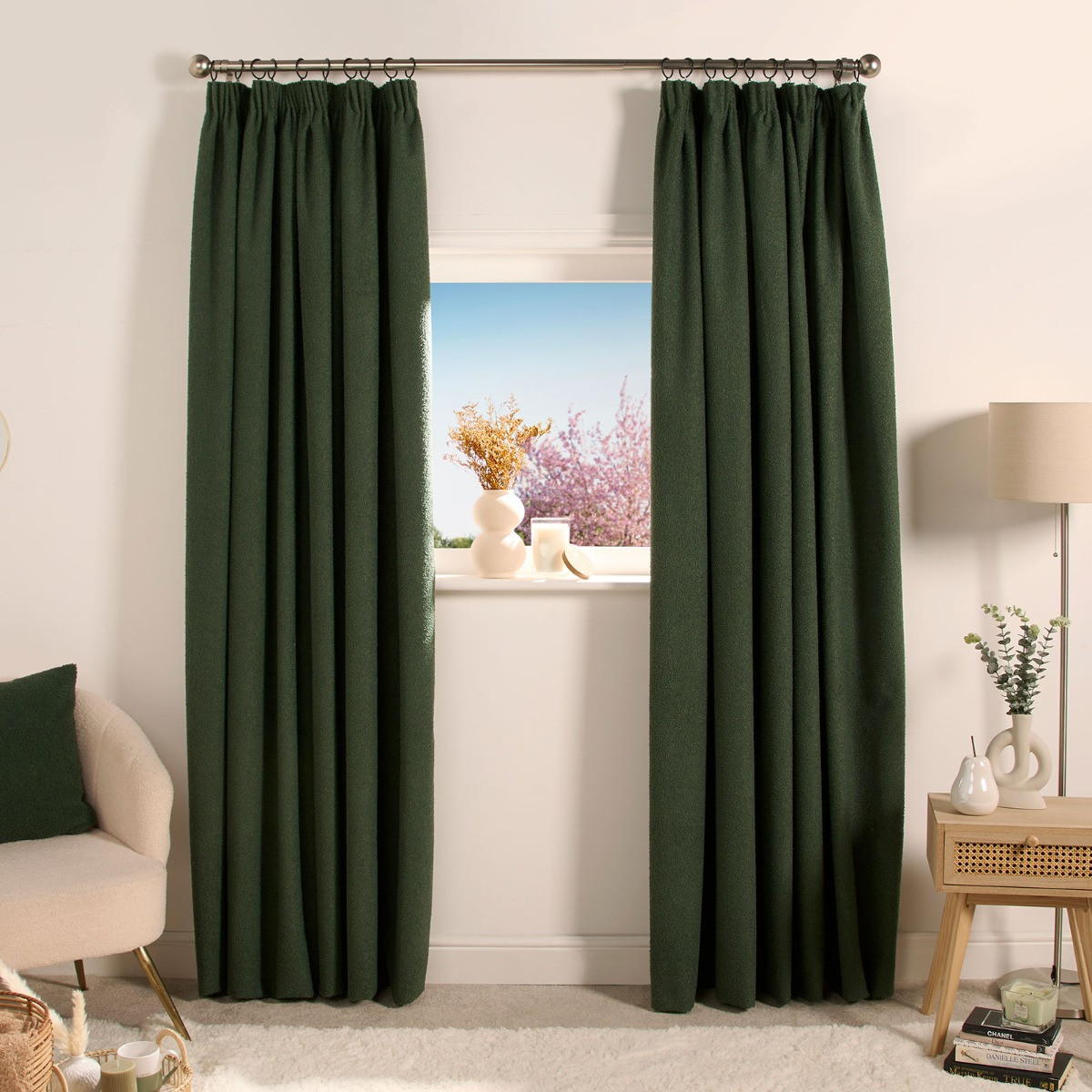 OHS Bouclé Pencil Pleat Curtains - Forest Green>