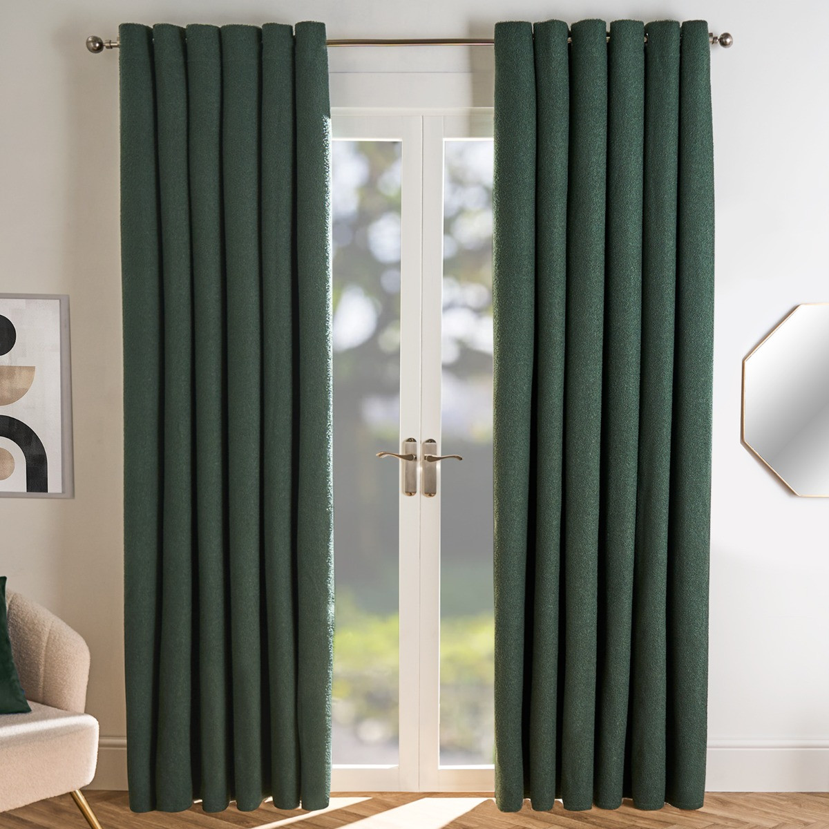 OHS Bouclé Eyelet Curtains, Forest Green - 90 x 90">