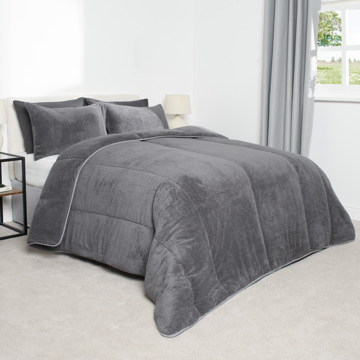 OHS Teddy Coverless 10.5 Duvet & Pillowcases, Charcoal - Double