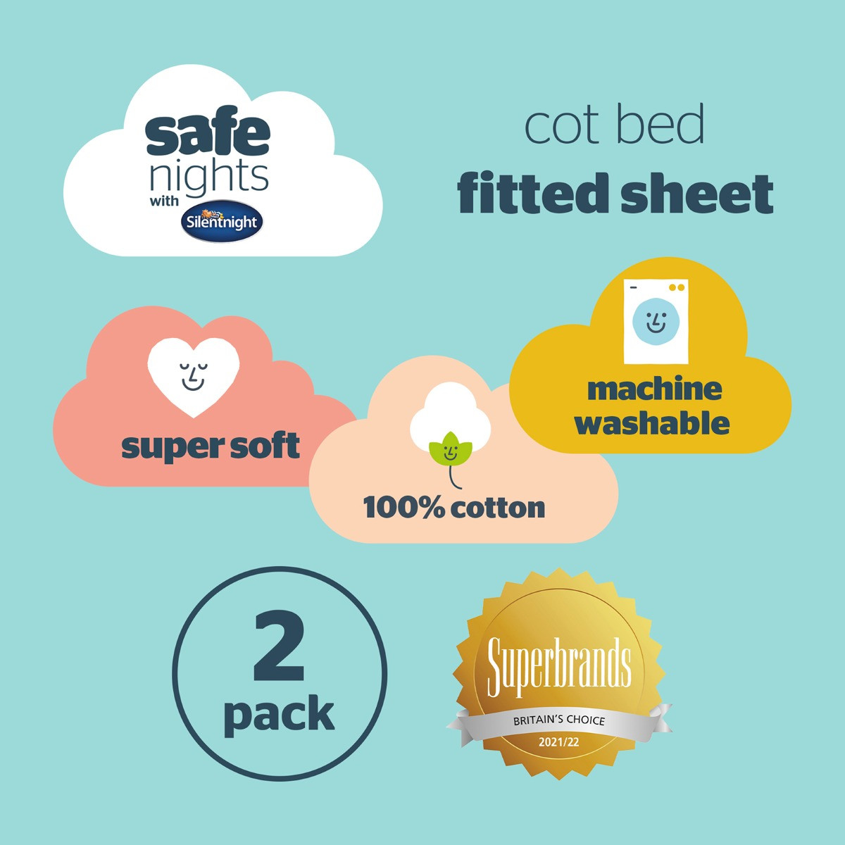 Silentnight Safe Nights 2 Pack Fitted Sheet, Cot Bed - Pink>