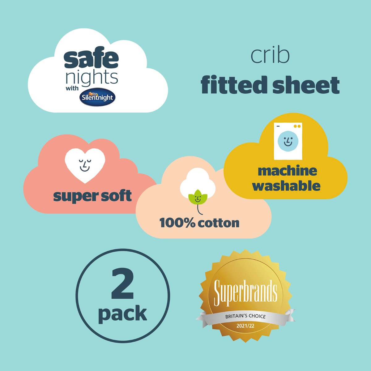 Silentnight Safe Nights 2 Pack Fitted Sheet, Crib - White>