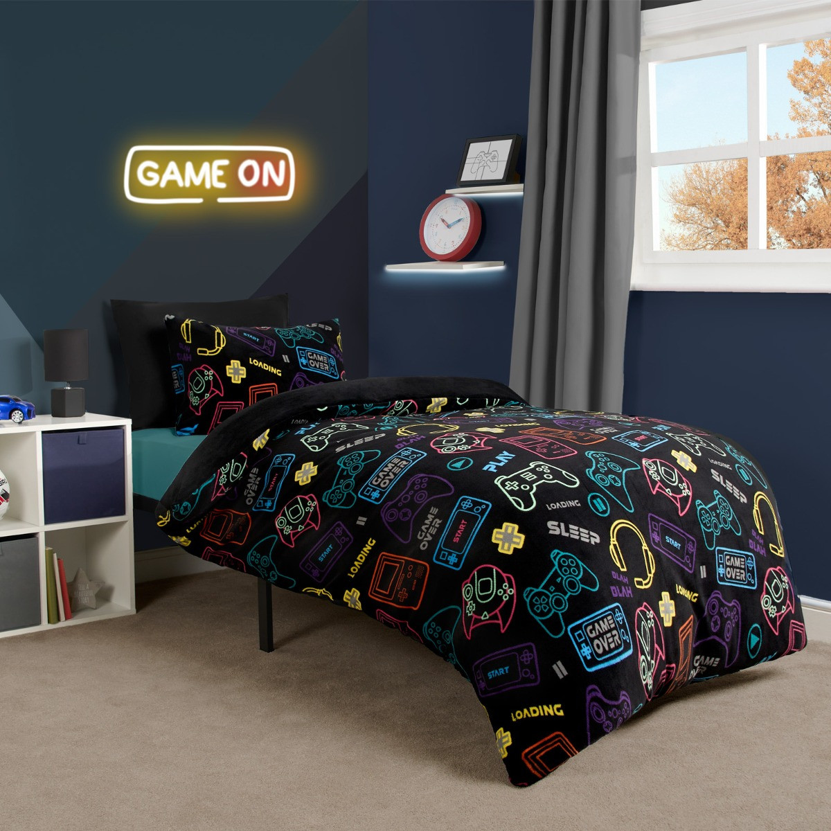 OHS Gaming Print Fleece Duvet Set, Black - Single>