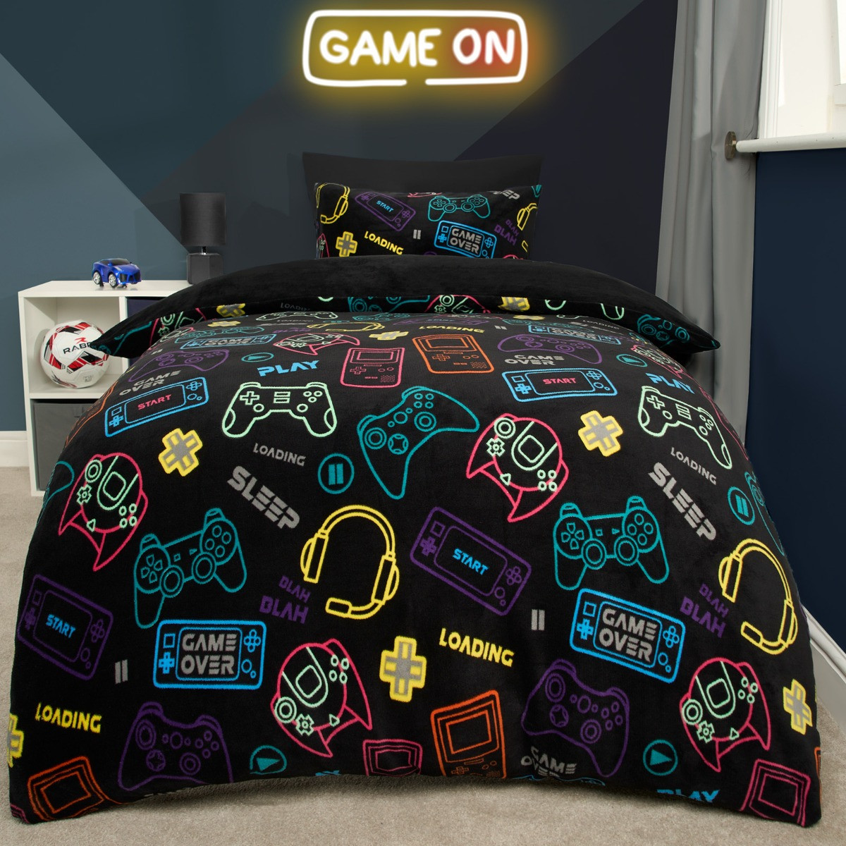 OHS Gaming Print Fleece Duvet Set, Black - Single>