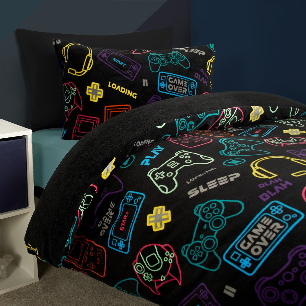 OHS Gaming Print Fleece Duvet Set, Black - Single>