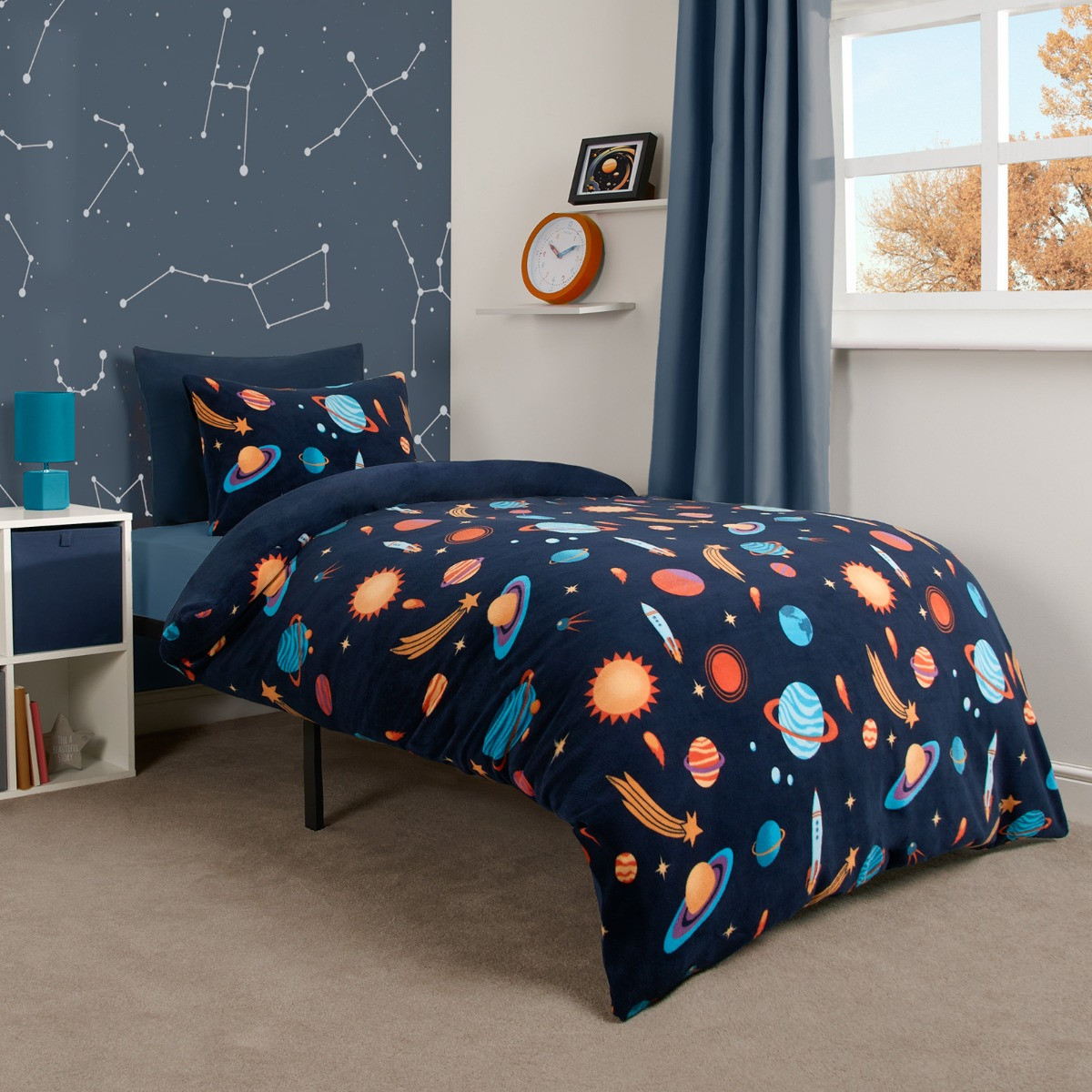 OHS Space Print Fleece Duvet Set - Navy>