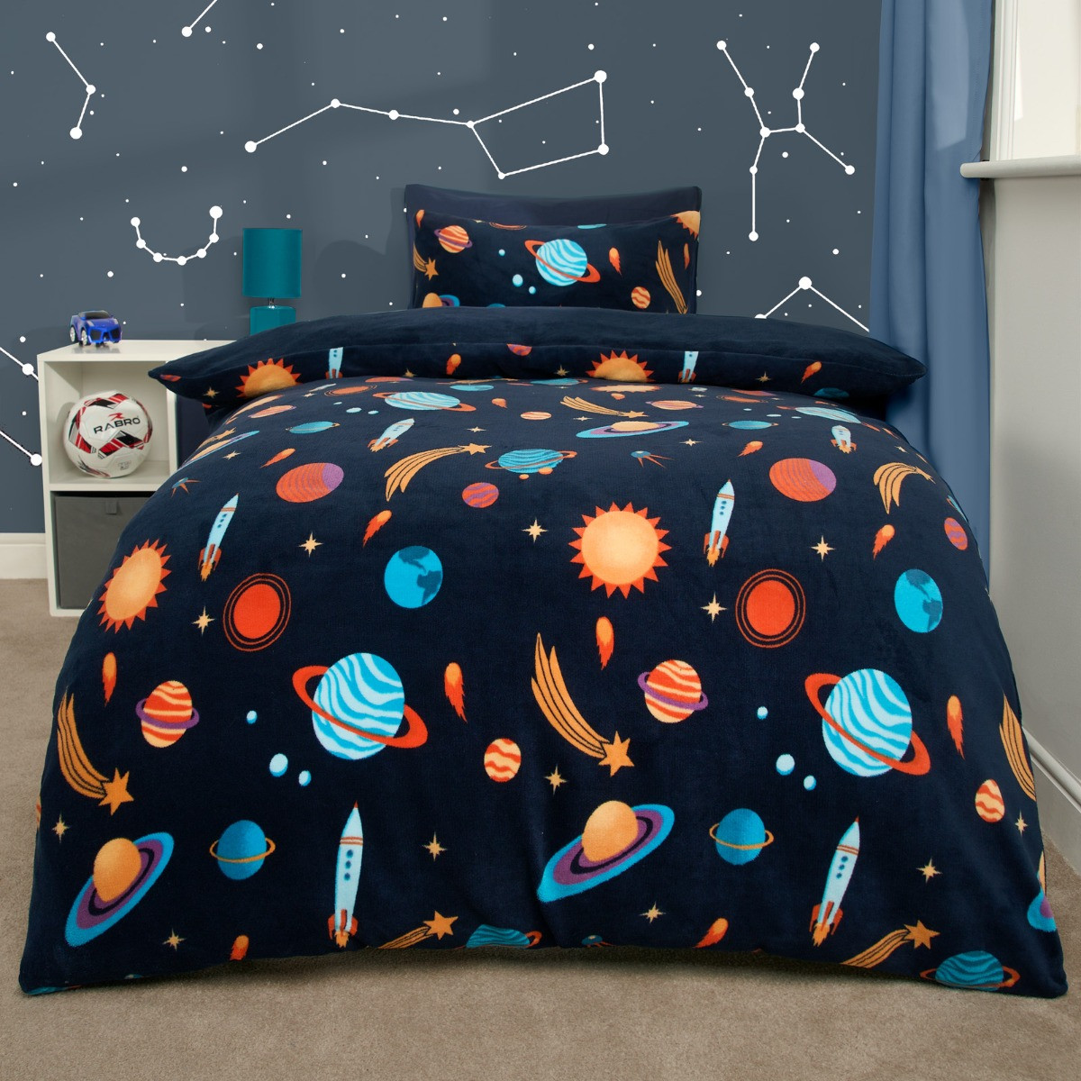 OHS Space Print Fleece Duvet Set - Navy>