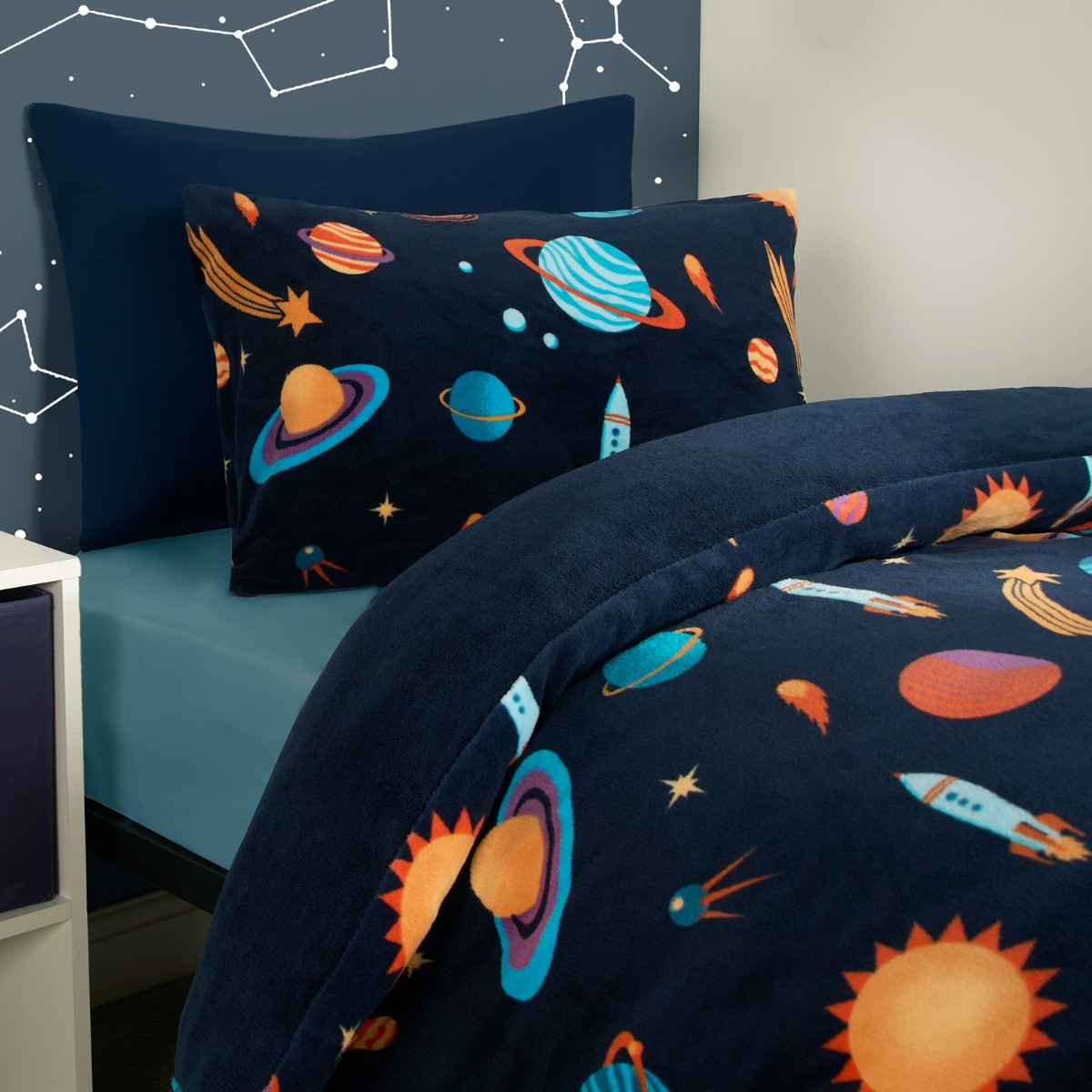 OHS Space Print Fleece Duvet Set - Navy>