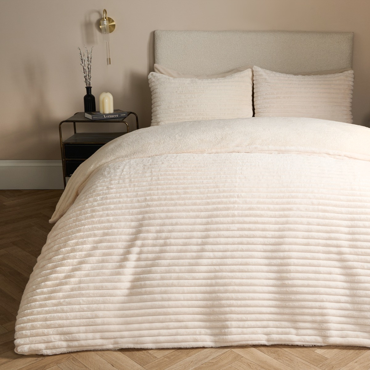 OHS Ribbed Faux Fur Duvet Set, Cream - Single>