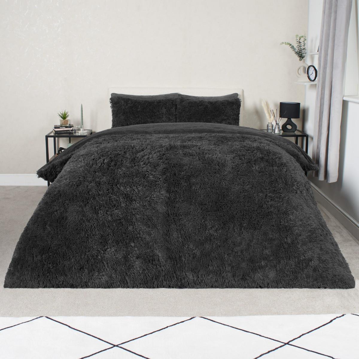 OHS Fluffy Duvet Set, Charcoal - Double>